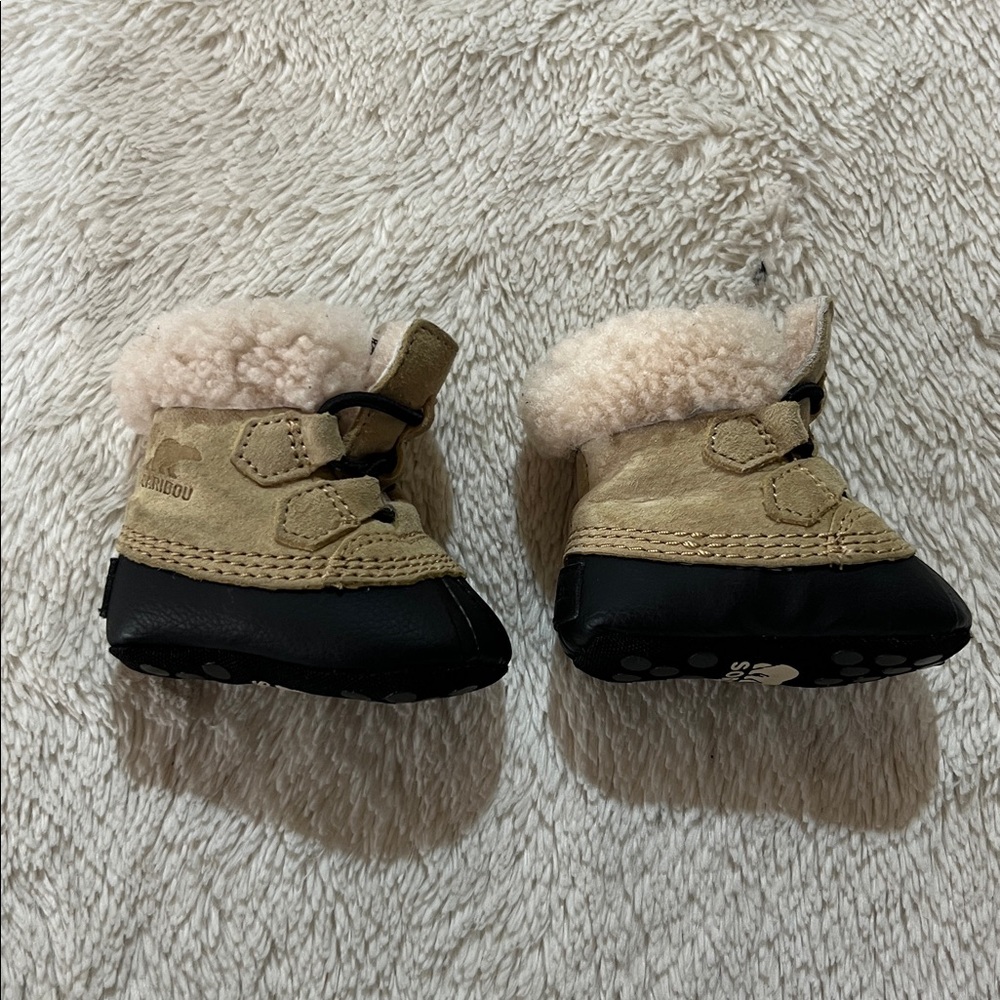 Infant Sorel Caribou Tan Leather Fur Boots 1